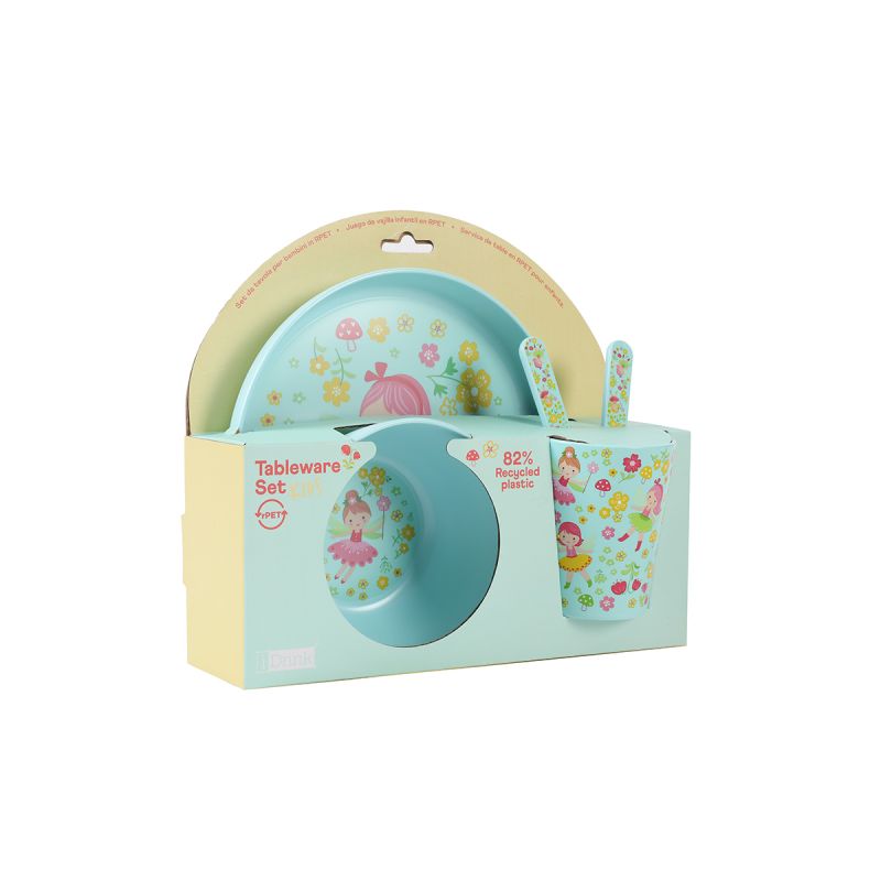 Kindergeschirr-Set mit Teller, Schüssel, Becher und Besteck, bunt verziert mit Feen- und Naturmotiven. Kindergeschirr-Set mit Teller, Schüssel, Becher und Besteck, bunt verziert mit Feen- und Naturmotiven.