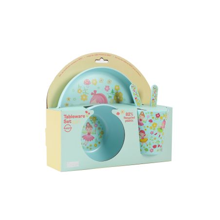 Kindergeschirr-Set mit Teller, Schüssel, Becher und Besteck, bunt verziert mit Feen- und Naturmotiven.