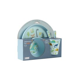 Kindergeschirrset mit Dinosauriermotiv: Teller, Schüssel, Becher, Gabel, Löffel in blauer Verpackung.