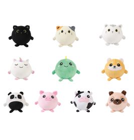 Zehn runde, bunte Plüschtiere in Tierform sind in zwei Reihen angeordnet.