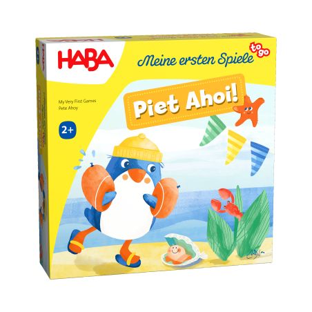 Spielschachtel Piet Ahoi! von HABA mit Pinguin im gelben Hut am Strand mit Meeresmotiven.