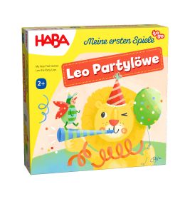 Bunte HABA-Spielschachtel mit zwinkerndem Party-Löwen, Luftballons und Partyhut, ab 2 Jahren.