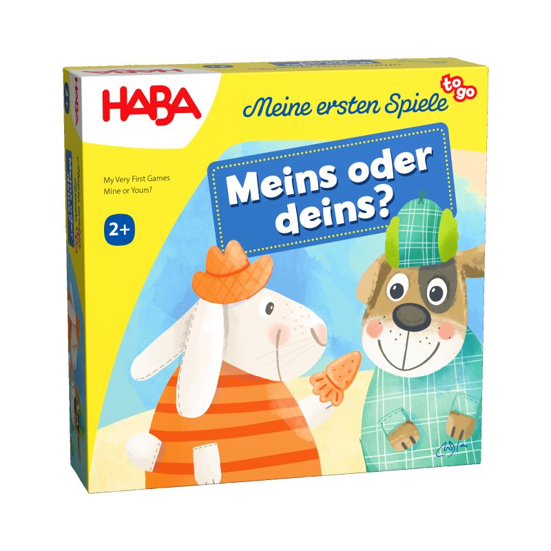 Schachtel des HABA-Spiels Meins oder deins? mit Hund und Hase in bunten Outfits auf dem Cover.