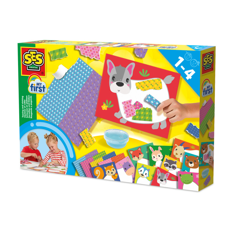 SES My First Bastelset mit Tiermotiven für Kinder von 1-4 Jahren, abgebildet mit Beispielen und Kindern.