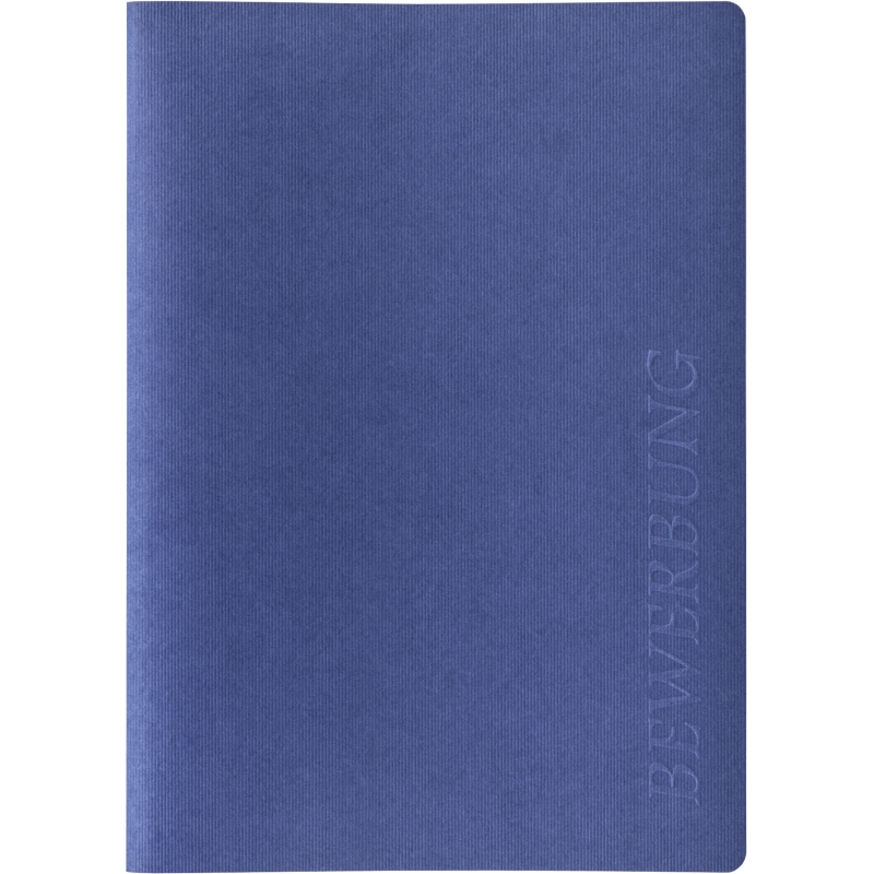 Blauer Ordner mit dem Schriftzug "BEWERBUNG" vertikal am rechten Rand.