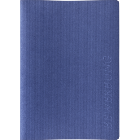 Blauer Ordner mit dem Schriftzug "BEWERBUNG" vertikal am rechten Rand.