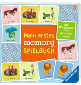 Mein erstes Memory-Spielbuch: Deutsches Kinderbuch mit Tier-, Menschen- und Objektillustrationen auf dem Cover.