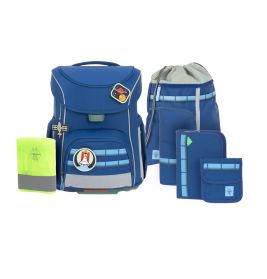 Blaues Schulranzen-Set mit passendem Turnbeutel, Mäppchen, Heftmappe, Geldbörse und neongelber Hülle.