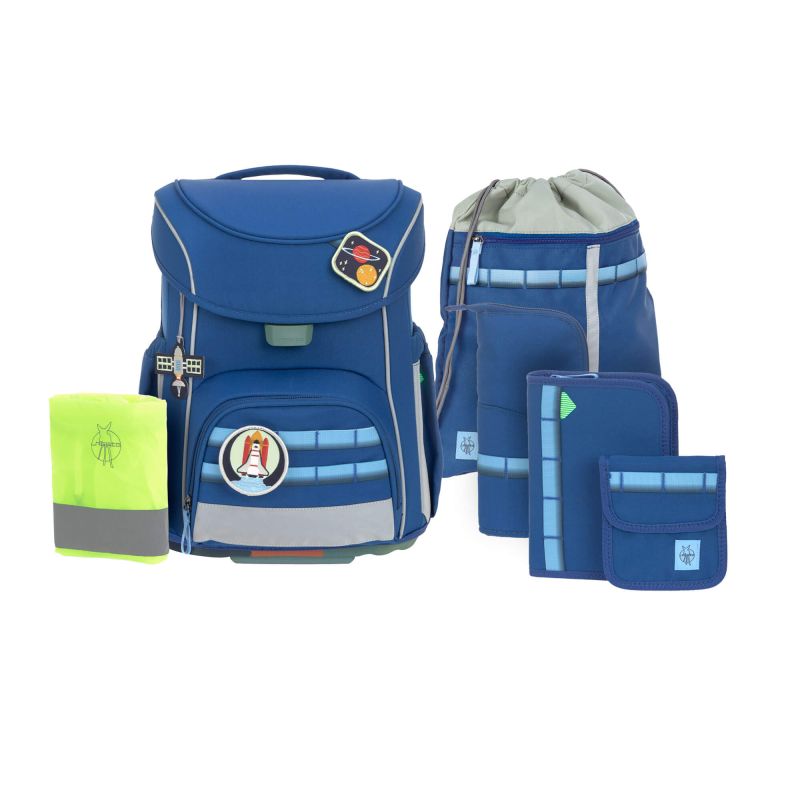 Blaues Schulranzen-Set mit passendem Turnbeutel, Mäppchen, Heftmappe, Geldbörse und neongelber Hülle. Blaues Schulranzen-Set mit passendem Turnbeutel, Mäppchen, Heftmappe, Geldbörse und neongelber Hülle.