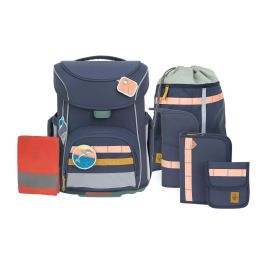 Dunkelblaues Rucksack-Set mit passender Tasche, Mäpchen, Geldbörse und Turnbeutel.