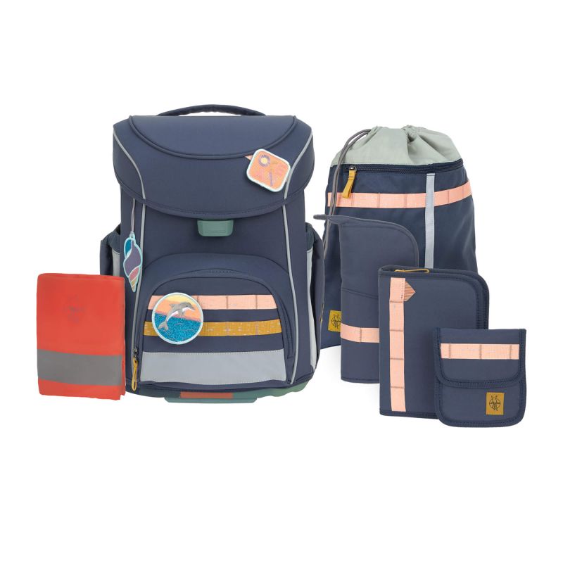 Dunkelblaues Rucksack-Set mit passender Tasche, Mäpchen, Geldbörse und Turnbeutel.