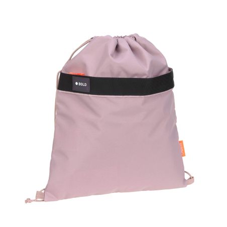 Hellpinker Turnbeutel mit schwarzem Querband und kleinem orangem Etikett an der Seite.