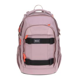 Hellrosa Rucksack mit orangefarbenen Zippern und schwarzen Trägern, frontal vor weißem Hintergrund.