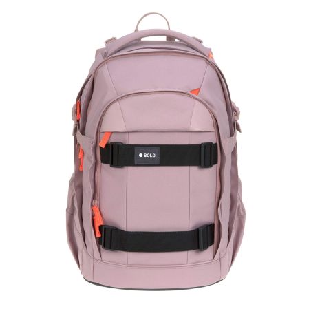 Hellrosa Rucksack mit orangefarbenen Zippern und schwarzen Trägern, frontal vor weißem Hintergrund.