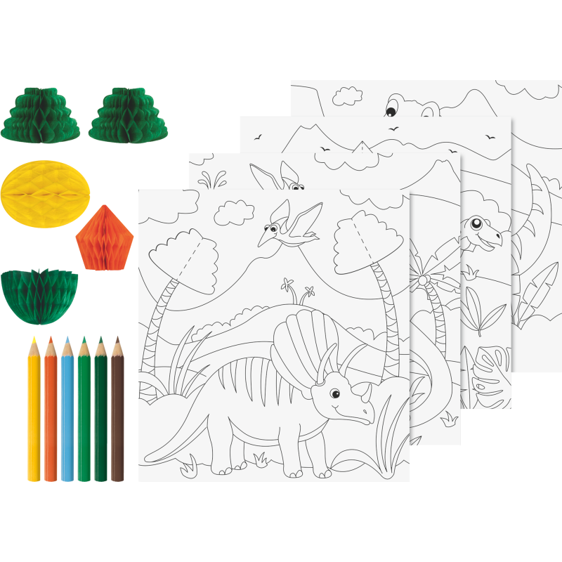 Dinosaurier-Malvorlagen mit Buntstiften, Papierdekorationen und weiterem Malzubehör.