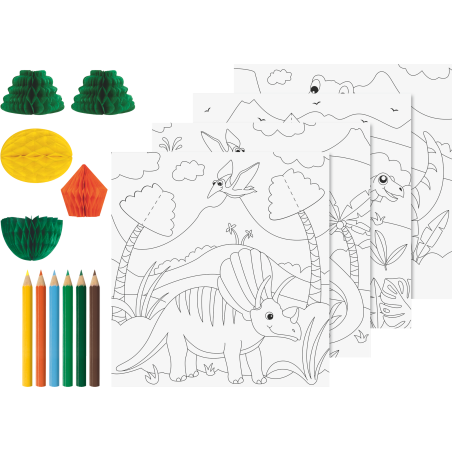 Dinosaurier-Malvorlagen mit Buntstiften, Papierdekorationen und weiterem Malzubehör.