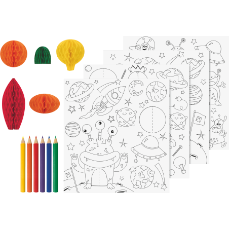 Malset mit Weltraum-Malvorlagen, Buntstiften und Wabendekorationen.