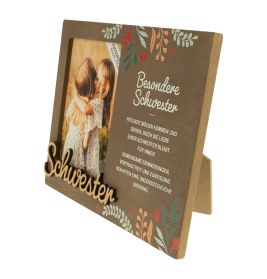 Brauner, dekorativer Fotorahmen mit Blumenmuster, deutschem Text und Foto zweier umarmender Mädchen, "Schwester".
