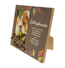 Holzrahmen mit Tigerfoto, Schriftzug "Lieblingstier", bunten Blättern und deutschem Text verziert.