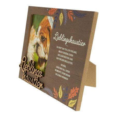 Holzrahmen mit Tigerfoto, Schriftzug "Lieblingstier", bunten Blättern und deutschem Text verziert.