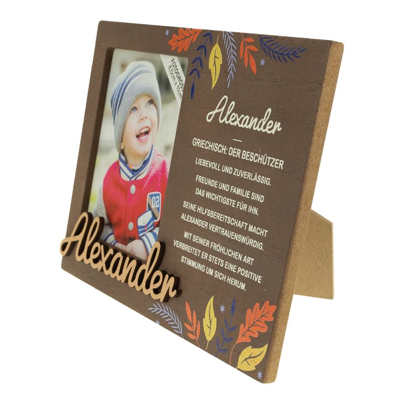 Holz-Bilderrahmen mit Namen Alexander, Herbstblatt-Motiven, Kinderfoto und deutschsprachigem Beschreibungstext.