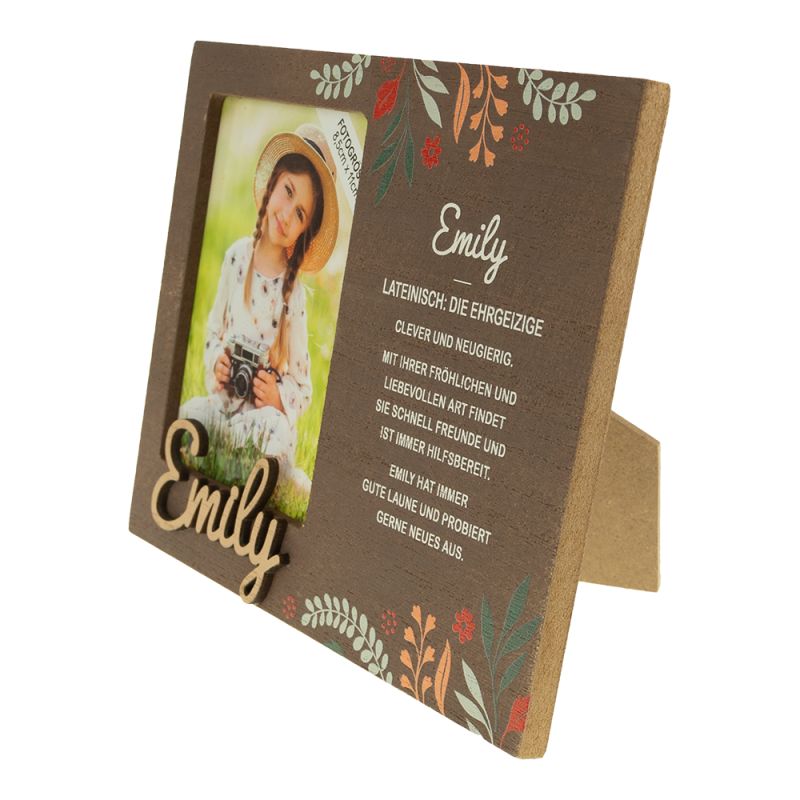 Brauner Bilderrahmen mit Blumenmuster, Foto eines Mädchens und deutschem Text zum Namen Emily.