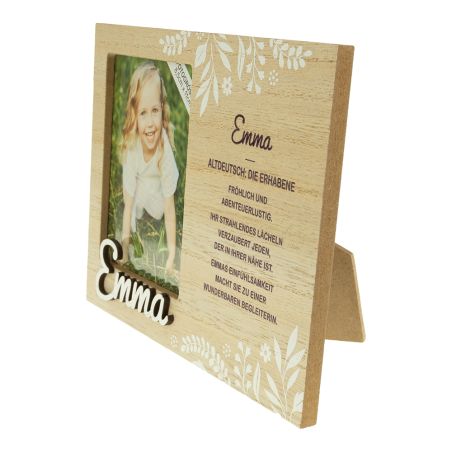 Holz-Bilderrahmen mit Blumenmuster, Foto eines lächelnden Mädchens und Name Emma mit deutscher Beschreibung.