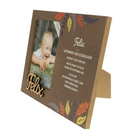 Holz-Fotorahmen mit Herbstblatt-Motiven, Babyfoto und deutschem Text über die Bedeutung des Namens Felix.