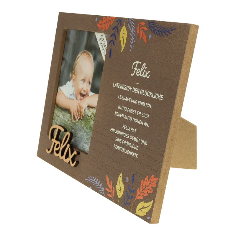 Holz-Fotorahmen mit Herbstblatt-Motiven, Babyfoto und deutschem Text über die Bedeutung des Namens Felix.
