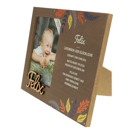 Holz-Fotorahmen mit Herbstblatt-Motiven, Babyfoto und deutschem Text über die Bedeutung des Namens Felix.