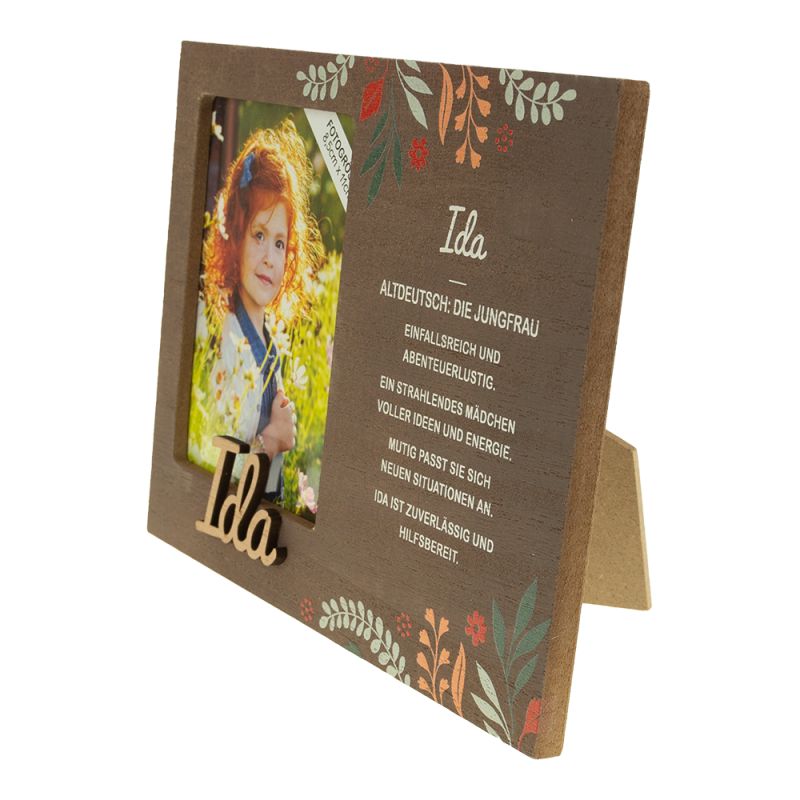 Holzrahmen mit Blumendekor, Foto eines Mädchens, Name Ida und deutsche Beschreibung.