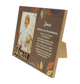 Brauner Bilderrahmen mit Blumenmuster, Kinderfoto und personalisiertem deutschen Text für Jonas.