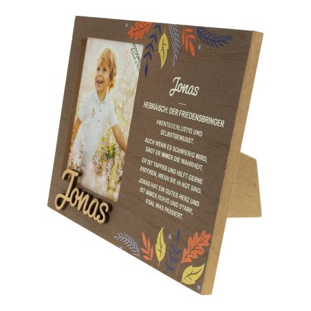 Brauner Bilderrahmen mit Blumenmuster, Kinderfoto und personalisiertem deutschen Text für Jonas.