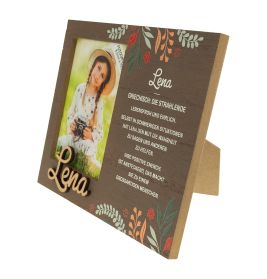 Holz-Bilderrahmen mit Blumendekor, Foto einer Frau, Name Lena und deutscher Beschreibung.