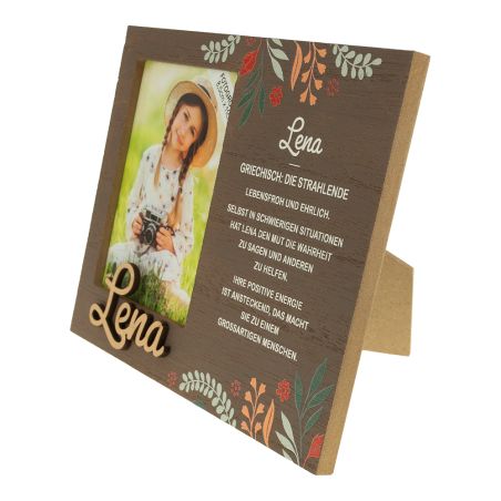 Holz-Bilderrahmen mit Blumendekor, Foto einer Frau, Name Lena und deutscher Beschreibung.