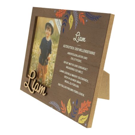 Holz-Bilderrahmen mit Liam, Herbstblättern, Kinderfoto und deutschem Text zur Bedeutung des Namens.