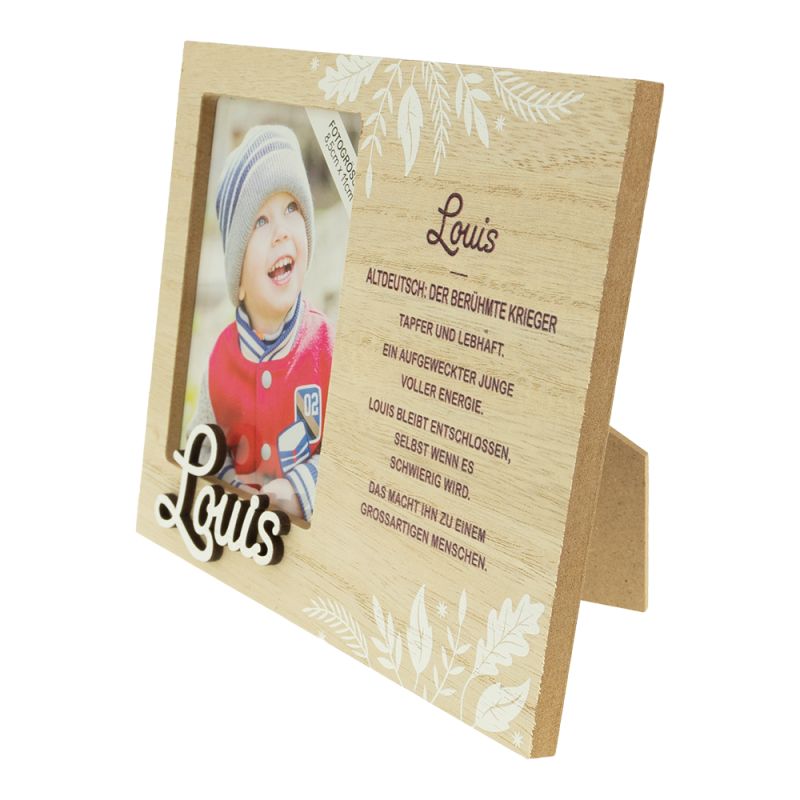 Holzrahmen mit Kinderfoto, Blumenmuster und deutschem Text zum Namen Louis.