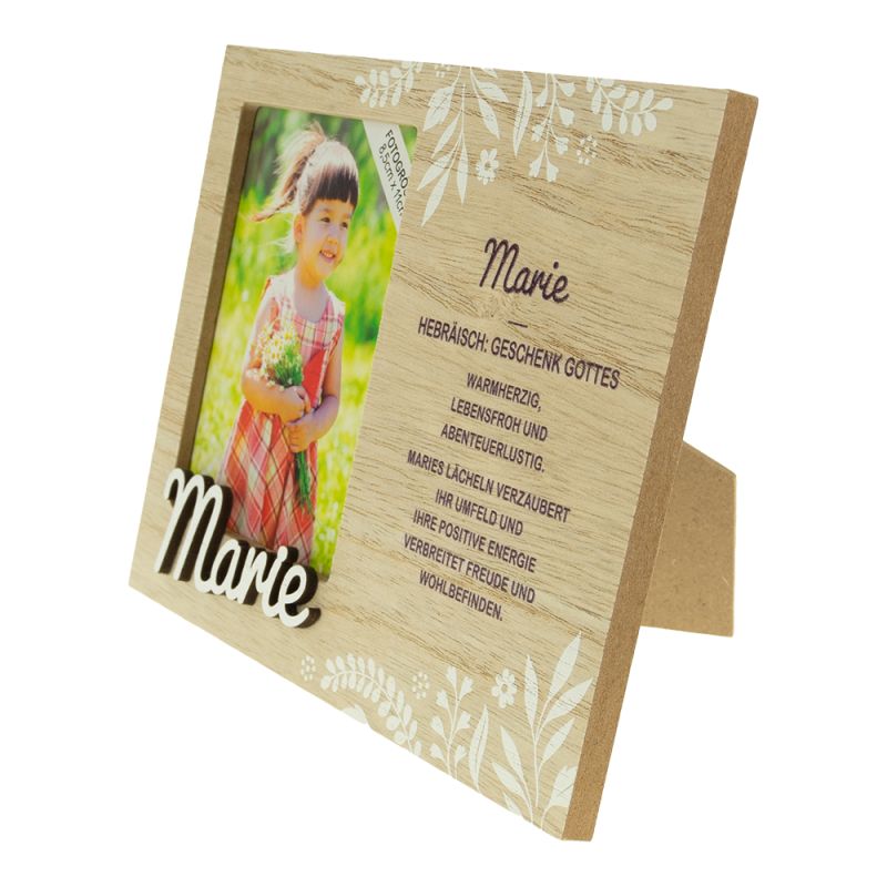 Holz-Fotorahmen mit Mädchenfoto, Blumenmustern und deutschem Text zum Namen Marie.