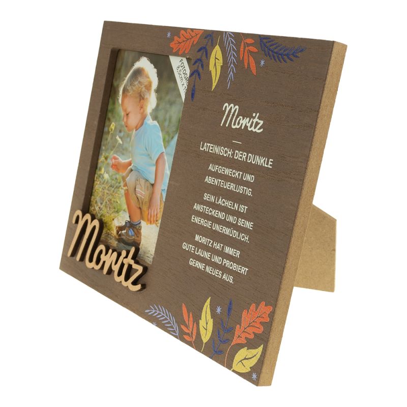 Holzrahmen mit Herbstblatt-Dekor, Kinderfoto und deutschem Text zum Namen Moritz.