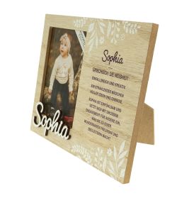 Holzrahmen mit Babyfoto, dem Namen Sophia und einer deutschen Beschreibung zur Bedeutung des Namens.