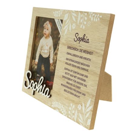 Holzrahmen mit Babyfoto, dem Namen Sophia und einer deutschen Beschreibung zur Bedeutung des Namens.
