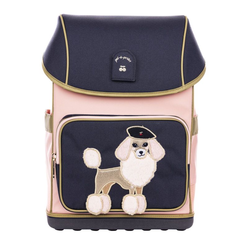 Rosa-blauer Rucksack mit aufgesetztem Frontfach, darauf ein Pudel mit Baskenmütze aufgestickt. Rosa-blauer Rucksack mit aufgesetztem Frontfach, darauf ein Pudel mit Baskenmütze aufgestickt.