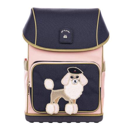 Rosa-blauer Rucksack mit aufgesetztem Frontfach, darauf ein Pudel mit Baskenmütze aufgestickt. Rosa-blauer Rucksack mit aufgesetztem Frontfach, darauf ein Pudel mit Baskenmütze aufgestickt.