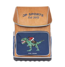 Braun-blauer Rucksack mit JP SPORTS Est 2012 und gesticktem Dinosaurier, der einen Jockey trägt.