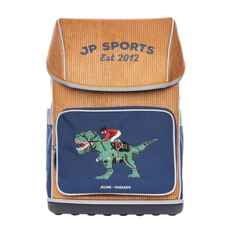 Braun-blauer Rucksack mit JP SPORTS Est 2012 und gesticktem Dinosaurier, der einen Jockey trägt.
