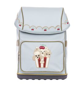 Hellblauer Rucksack mit goldenen Akzenten, Kirschmotiv und gestickten Hunden im Popcorneimer auf der Fronttasche.