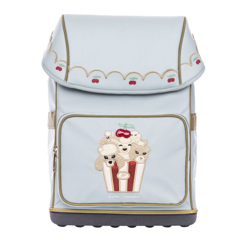 Hellblauer Rucksack mit goldenen Akzenten, Kirschmotiv und gestickten Hunden im Popcorneimer auf der Fronttasche. Hellblauer Rucksack mit goldenen Akzenten, Kirschmotiv und gestickten Hunden im Popcorneimer auf der Fronttasche.