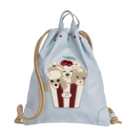 Hellblaue Beuteltasche mit gestickten Pudelmotiven in Popcorntüte und einer Kirsche oben drauf.