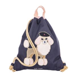 Dunkelblauer Turnbeutel mit gesticktem Pudel, der auf der Vorderseite ein schwarzes Barett trägt.