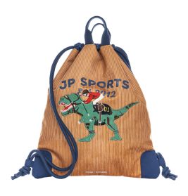Braun-blauer Turnbeutel mit Aufdruck JP SPORTS 2012 und Grafik: Cowboy reitet auf grünem Dinosaurier.